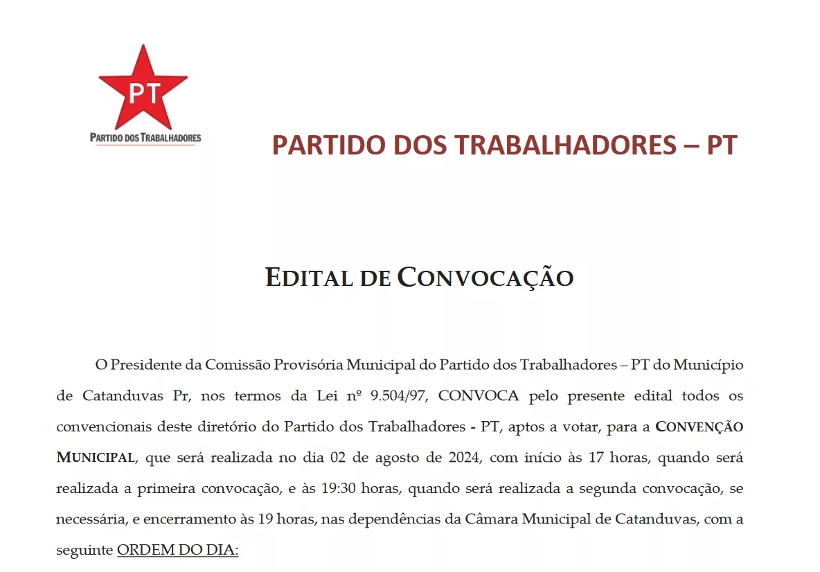 Eleições 2024: Partido dos Trabalhadores de Catanduvas divulga edital de convocação para a sua Convenção Municipal