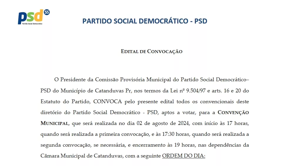 Eleições 2024: Convenção Municipal do PSD de Catanduvas será realizada no dia 2 de agosto