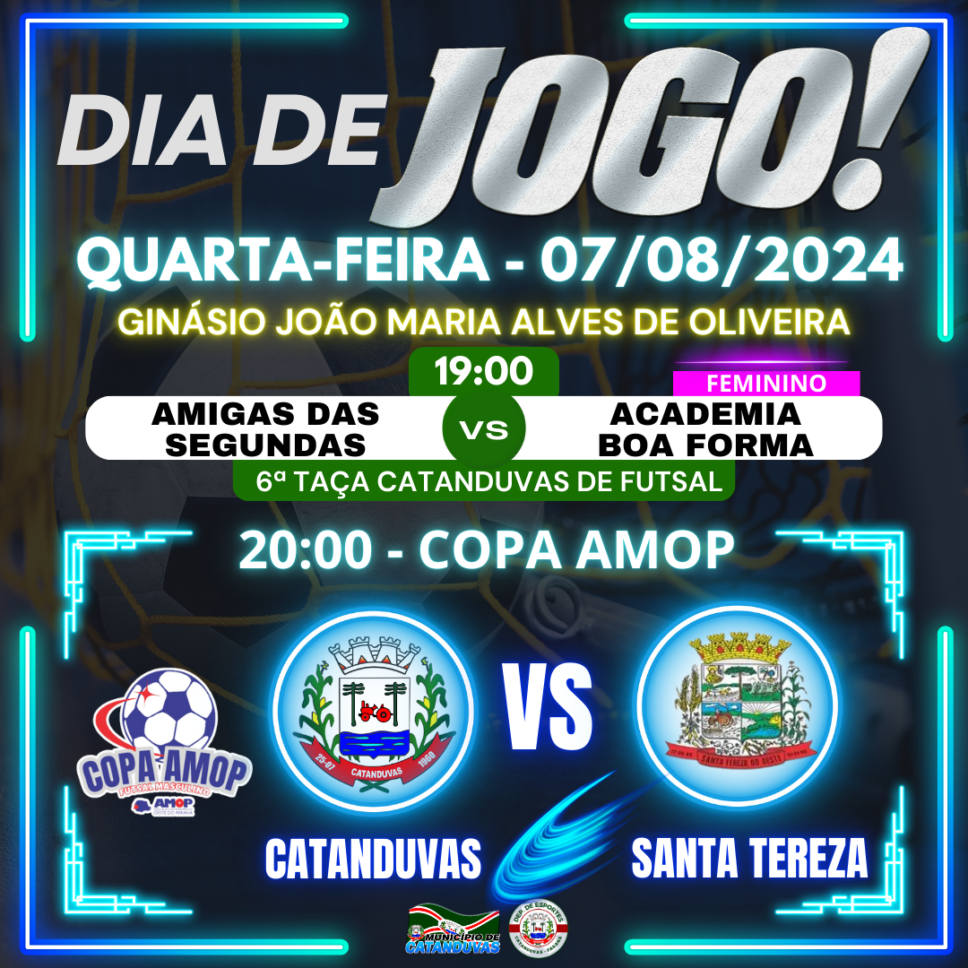 Copa AMOP: Catanduvas enfrenta Santa Tereza do Oeste no Ginásio João Maria Alves de Oliveira na noite desta quarta-feira (07/08)