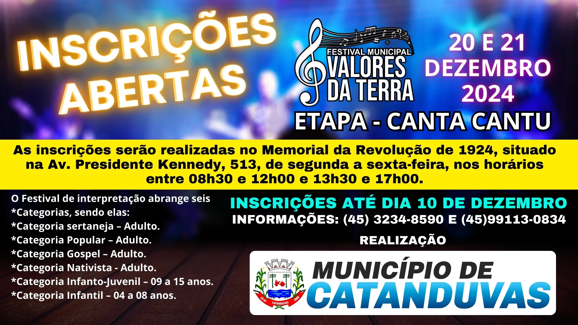 Abertas as inscrições para o Festival Municipal “Valores da Terra” em Catanduvas